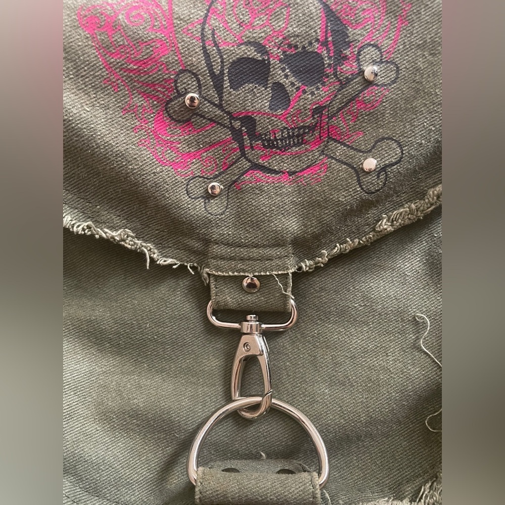 VTG Y2K Foldover Military Utility Stud Skull Crossbody Messenger Bag in Green - Picture 4 of 8